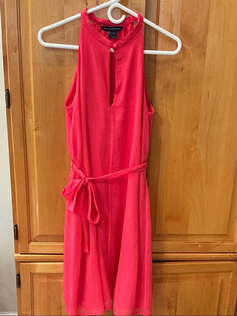 French Connection Coral Pink Halter Tie-Waist Mini Dress